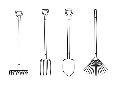 Garden tools icons set. Doodle garden equipments icons collection. Hand drawn garden equipments icons collection. 