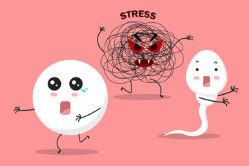 Sperm and egg run away from stress cartoon character. Aviod stress to be healthy sperm and egg concept. vector illustration. - obrazy, fototapety, plakaty