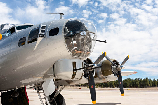B17 Flying Fortress Bomber Aluminum Overcast USAF WWII Aircraft pictured in Flagstaff Arizona USA