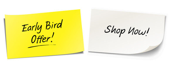 Handwritten messages on sticky notes. Early Bird Offer! Shop Now! - 503580166