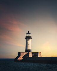 lighthouse at sunset in Duluth, Minnesota on the shores of Lake Superior