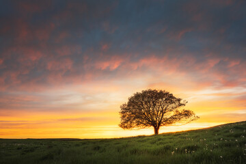 lone tree in beautiful, colorful sunset