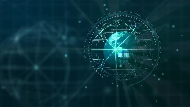Cloud computing, Global Network - Futuristic blue globe with pixel digital transformation abstract new technology background. Artificial intelligence and big data concept. Business industry 4.0 and 5g