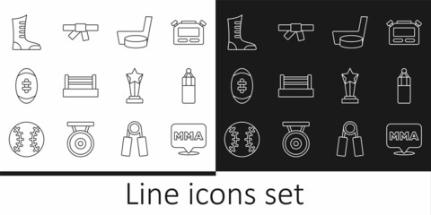 Set line Fight club MMA, Punching bag, Ice hockey stick and puck, Boxing ring, American Football ball, Sport boxing shoes, Award cup and Black karate belt icon. Vector