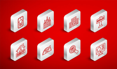 Set line Online real estate house, Skyscraper, House, Hanging sign with text Sold, Search, Warehouse and Rent icon. Vector