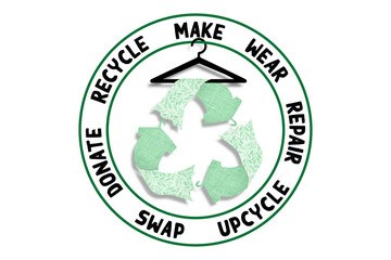 Circular Fashion, make, wear, repair, upcycle, swap, donate, recycle with clothes recycle icon sustainable fashion concept