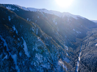 Aerial winter view of Rila Mountain near Beli Iskar river, Bulgaria