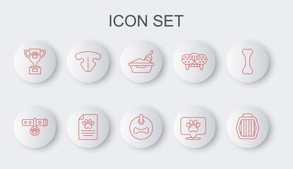 Set line Pet carry case, Collar with name tag, Cat litter tray shovel, Location veterinary hospital, award, nose, Clinical record pet and Dog collar icon. Vector