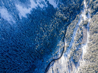 Aerial winter view of Rila Mountain near Beli Iskar river, Bulgaria
