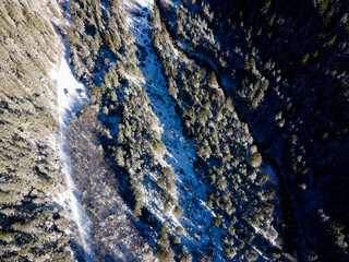Aerial winter view of Rila Mountain near Beli Iskar river, Bulgaria