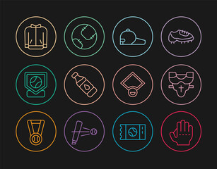 Set line Baseball glove, Player chest protector, cap, Bottle of water, base, t-shirt, field and icon. Vector