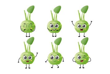 Set of cute cartoon kohlrabi vegetables vector character set isolated on white background