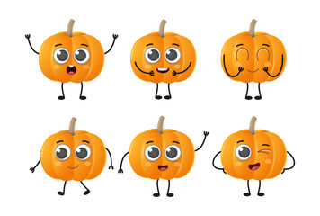 Set of cute cartoon pumpkin vegetables vector character set isolated on white background