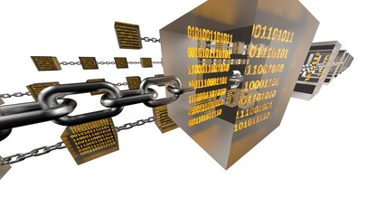 Orange glowing binary data in clear glass cubes connected by iron chains under blue lighting background. Block chain network technology concept illustration. 3D illustration. 3D CG.
