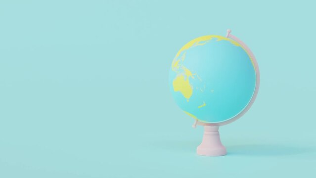 Yellow and blue globe on pink stand. Designed in pastel tones. Space for banner and logo, Animation seamless loop. 3D Render