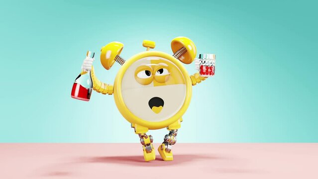 Yellow clock is drinking and dancing frantically with fun. Party time concept. Cartoon character animation ,3D Render.