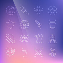 Set line Medal with star, Sheriff cowboy, Paper glass, Sausage on the fork, Western hat, Calendar date July 4 and Vintage pistols icon. Vector