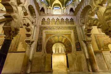 Medieval moorish architecture, colorful walls with ornament in old mosque in Cordoba with no people, Andalusia, Spain