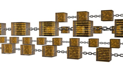Orange glowing binary data in clear glass cubes connected by iron chains under blue lighting background. Block chain network technology concept illustration. 3D illustration. 3D CG.