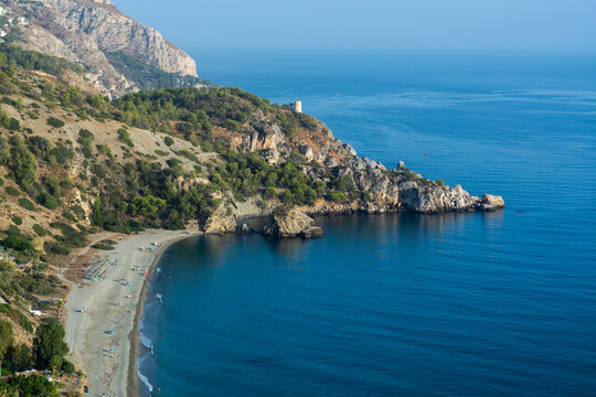 Costa tropical in Andalusia, Spain, view on beaches near la Herradura touristic town with subtropical climate in Europe