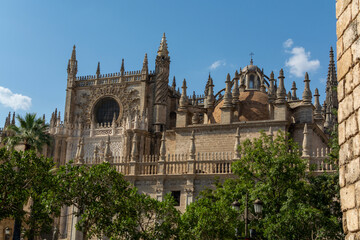 Obraz premium Old historical Andalusian town Seville, Spain. View on architectural details of Gothic cathedral church.