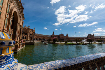 Old historical Andalusian town Seville, Spain. View on architectural details of buidings.