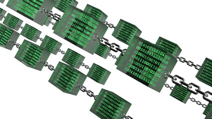 Green glowing binary data in clear glass cubes connected by iron chains under blue lighting background. Block chain network technology concept illustration. 3D illustration. 3D CG.
