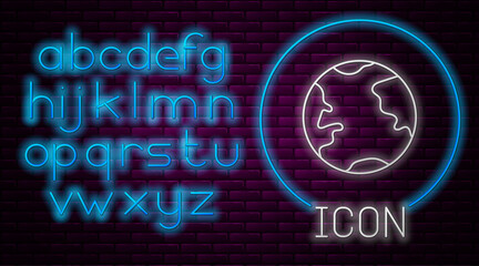 Glowing neon line Earth globe icon isolated on brick wall background. World or Earth sign. Global internet symbol. Geometric shapes. Neon light alphabet. Vector Illustration