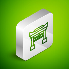 Isometric line Japan Gate icon isolated on green background. Torii gate sign. Japanese traditional classic gate symbol. Silver square button. Vector Illustration