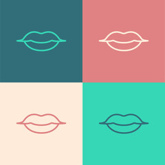 Pop art line Smiling lips icon isolated on color background. Smile symbol. Vector