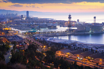 Port Vell and cityspace of Barcelona in early morning. Catalonia, Spain