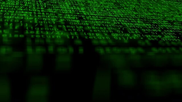 Programming code background dense. Camera flies over multilayered programming code
