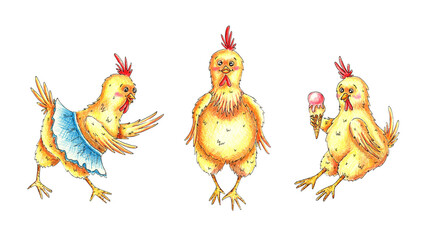 A set of yellow offset chicks is drawn with colored pencils. It's perfect for postcards, posters, banners, invitations, greeting cards, prints. Isolated on white background. Drawn by hand.