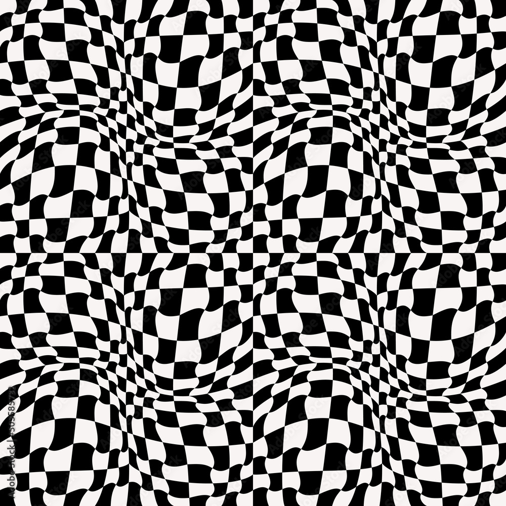 Poster Optical and checkered cage. Convex and curved chess curly cells. Vector seamless checkerboard pattern that flutters and inflates.