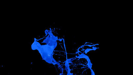 Blue liquid splashes, swirl and waves with scatter drops. Royalty high-quality free stock of paint, oil or ink splashing dynamic motion, design elements for advertising isolated on black background