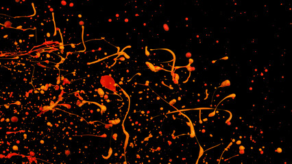 Fototapeta na wymiar Mix red orange liquid splashes, swirl and waves with scatter drops. Royalty free stock of paint, oil or ink splashing dynamic motion, design elements for advertising isolated on black background