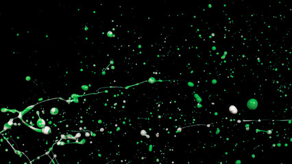 Mix green white liquid splashes, swirl and waves with scatter drops. Royalty free stock of paint, oil or ink splashing dynamic motion, design elements for advertising isolated on black background
