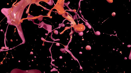 Mix orange pink liquid splashes, swirl and waves with scatter drops. Royalty free stock of paint, oil or ink splashing dynamic motion, design elements for advertising isolated on black background