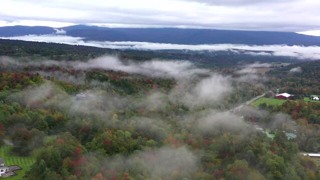 Rising high above a beautiful forest, with houses in the foreground, as the fall colors start to change the leaves from green to reds, yellows, and oranges.  Panning up to a cloudy, overcast sky.