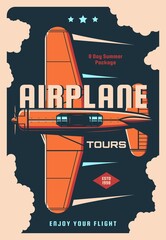 Airplane travel tours vintage poster of retro plane flights, old aircraft show and air travel. Vector propeller engine plane, biplane or monoplane flying in sky, classic aviation or air transportation
