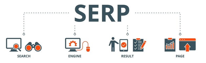 SERP banner web icon vector illustration concept for search engine result page with icon of web search, computer, search engine, mobile search, page result, and statistics graph