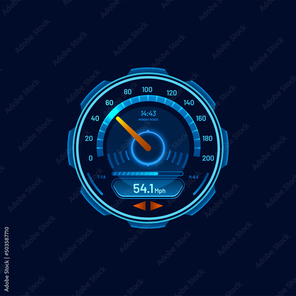 Aufkleber speedometer, futuristic car speed meter or gauge dial, vector, neon led digital dashboard interface.