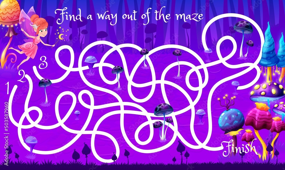 Fototapete labyrinth maze game with magic mushrooms forest. find a way for fairy kids game vector worksheet, ed