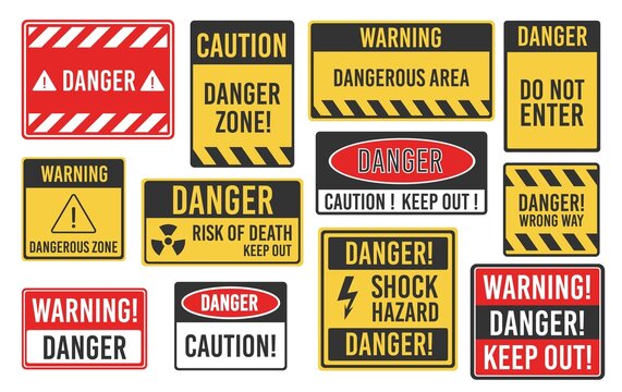 Warning, caution and dangerous area alert attention isolated vector signs and plates. Danger yellow signs for safety, hazard shock, keep out and caution warning and risk zone symbols on sign plates
