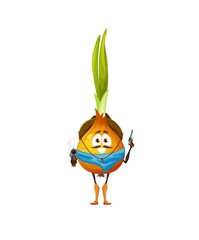 Cartoon onion cowboy personage, funny robber, bandit or ranger vegetable. Vector veggies wear hat, bandana and boots stand with steaming guns in hands. Isolated fantasy character, healthy veggies food