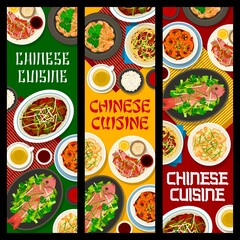 Chinese cuisine rice, seafood, vegetable and meat food vector banners. Chow mein noodles, chilli shrimp, ginger and cashew chicken, green tea, spicy beef, perch fish and duck with oyster and soy sauce