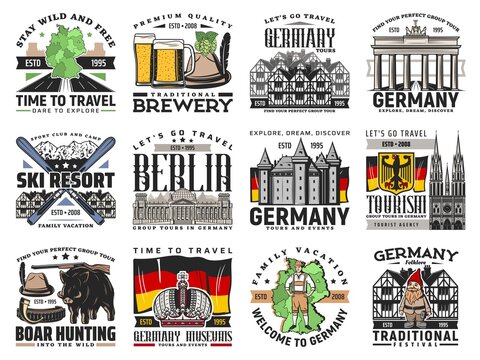 German travel vector icons with isolated flag and map of Germany, Bavarian beer, hunter hat and half timbered house. Alpine mountain ski resort, Brandenburg gate, Reichstag and cathedral symbols