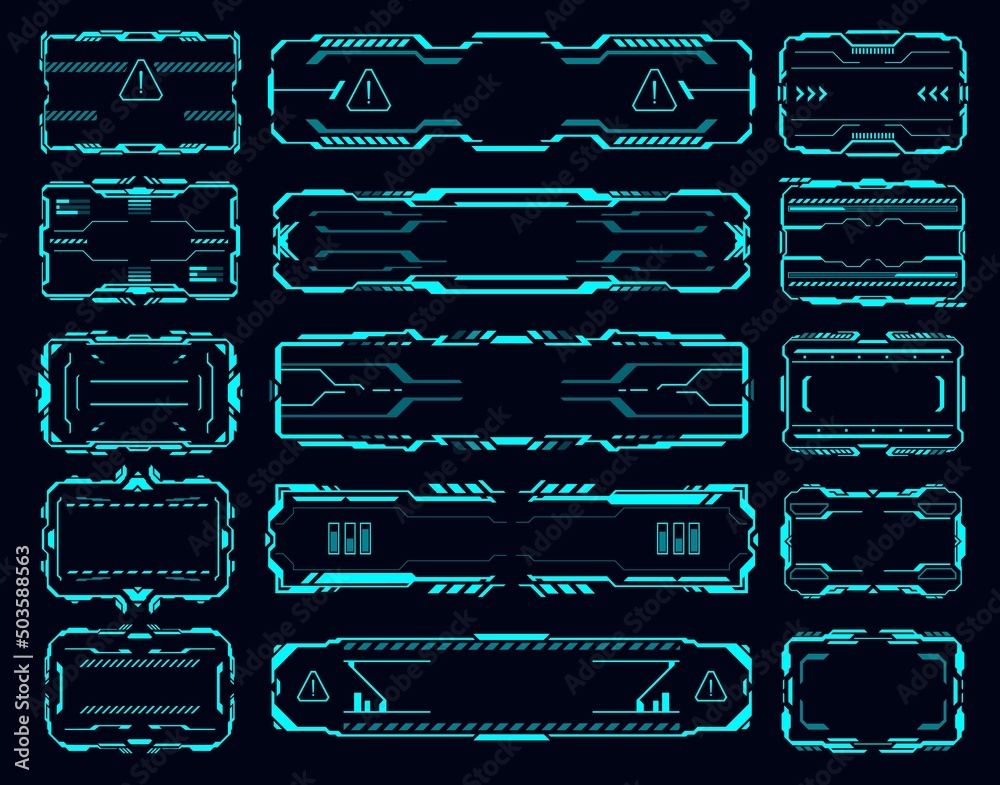 Aufkleber HUD interface frames, borders, signs, info boxes and callout titles, vector head up display elements of futuristic game UI. Digital text bars, hologram banners and future technology interface screens