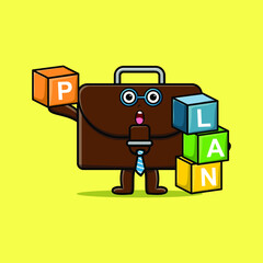 Cute cartoon suitcase businessman stacking plan box in 3d modern style design