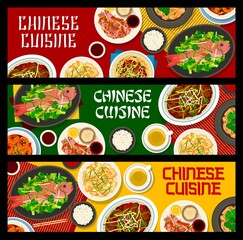 Chinese cuisine food banners with vector dishes of rice, chow mein noodles, vegetables and spicy meat. Chilli prawns, chicken with ginger and cashew, duck, perch fish and beef with oyster sauce